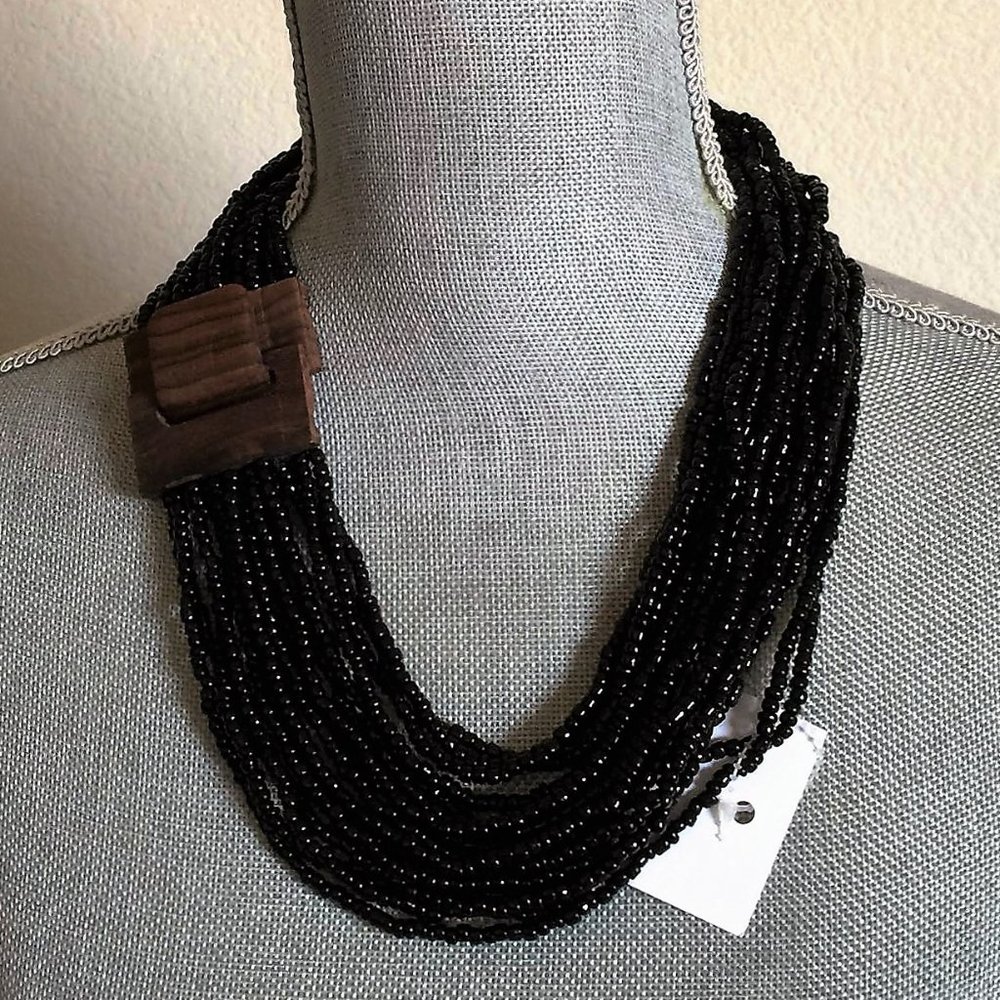 Women's Black Hand Beaded Necklace with Rosewood Buckle